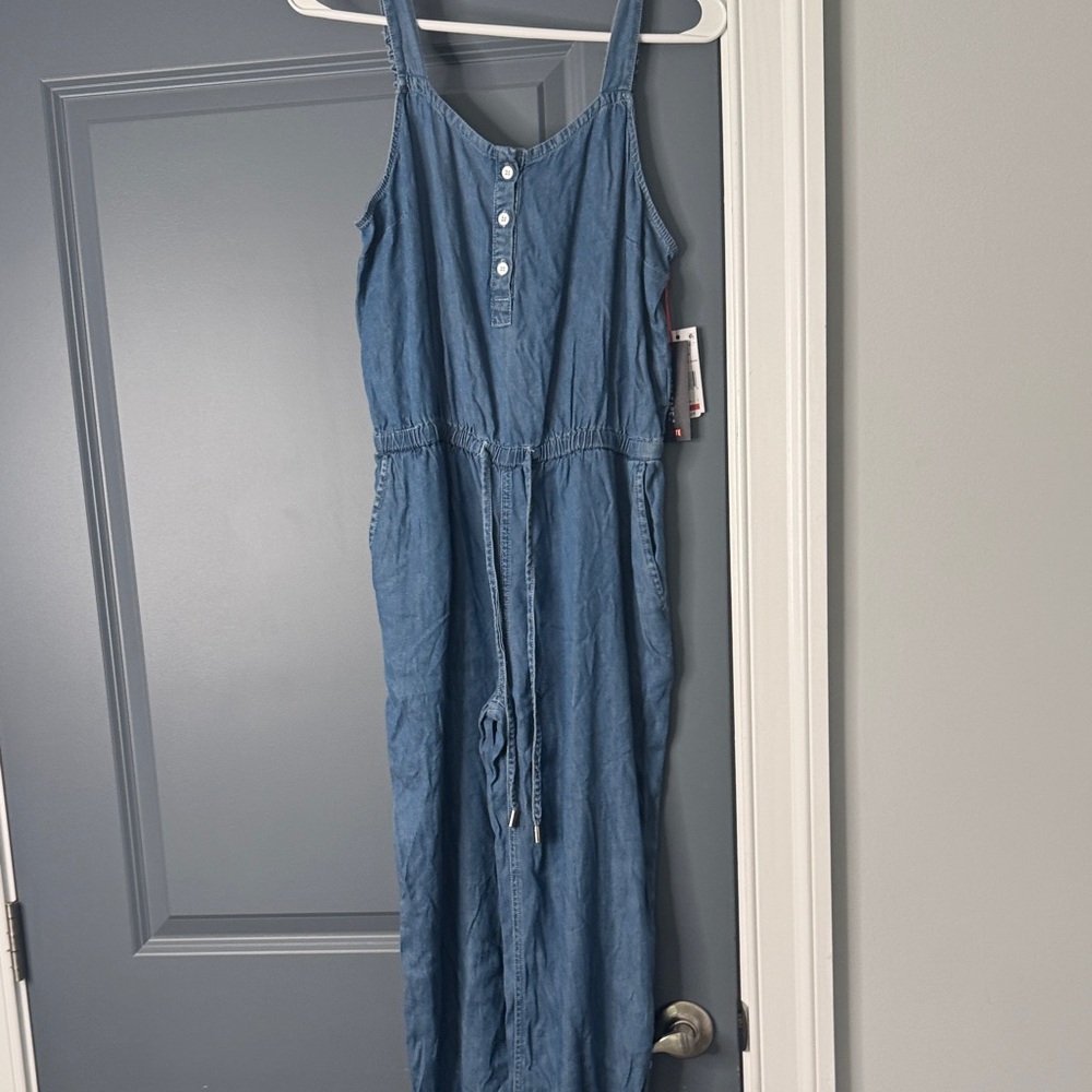Black Tape_ Medium Blue Denim Jumpsuit